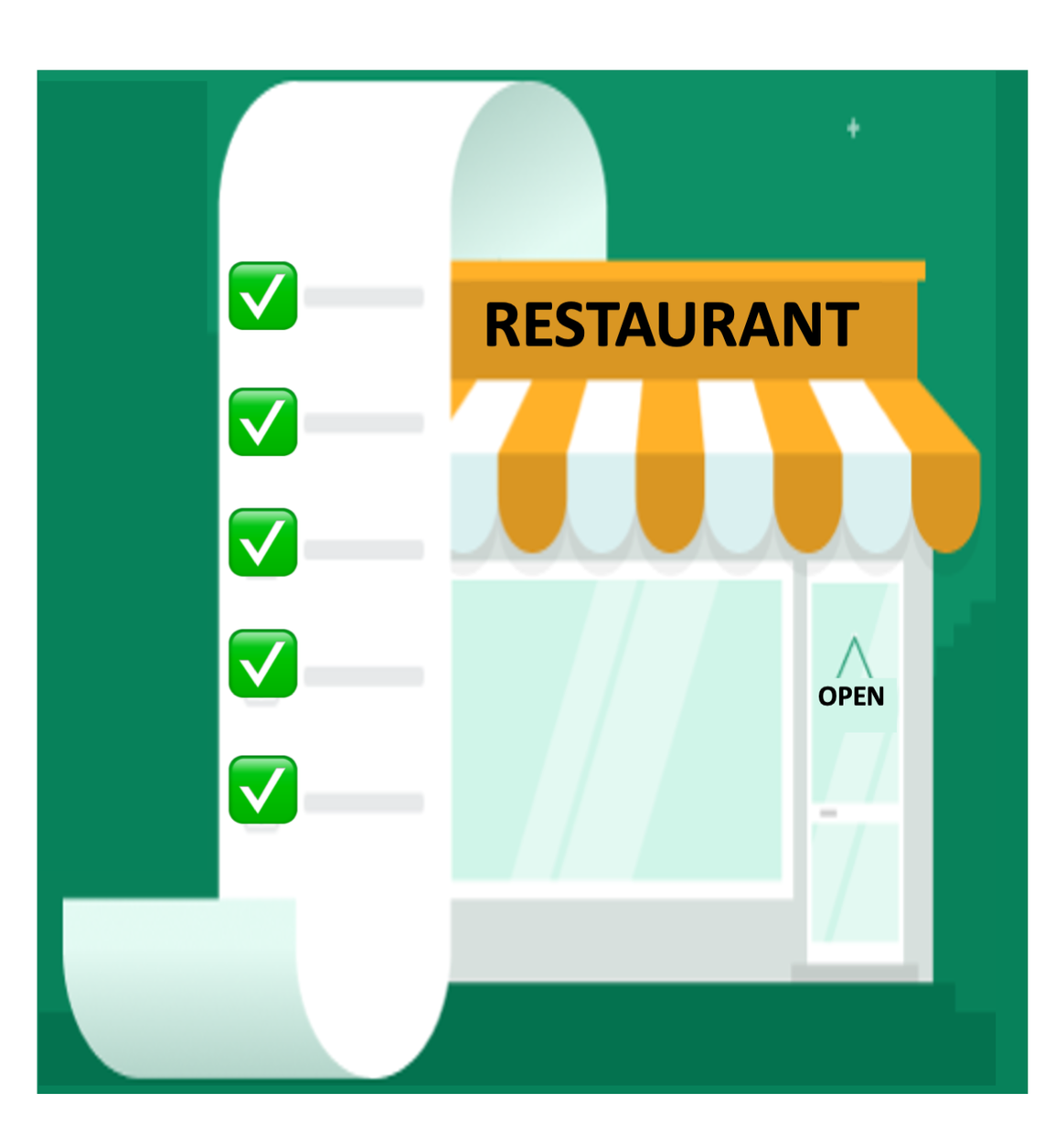 Front view of a restaurant with an open sign and checklist of things to do